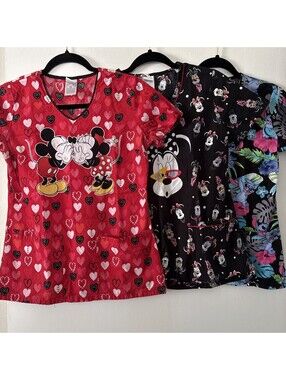 Lot of 3 Disney Lilo Stitch Minnie Mickey Scrub Tops Womens XS Medical Uniforms